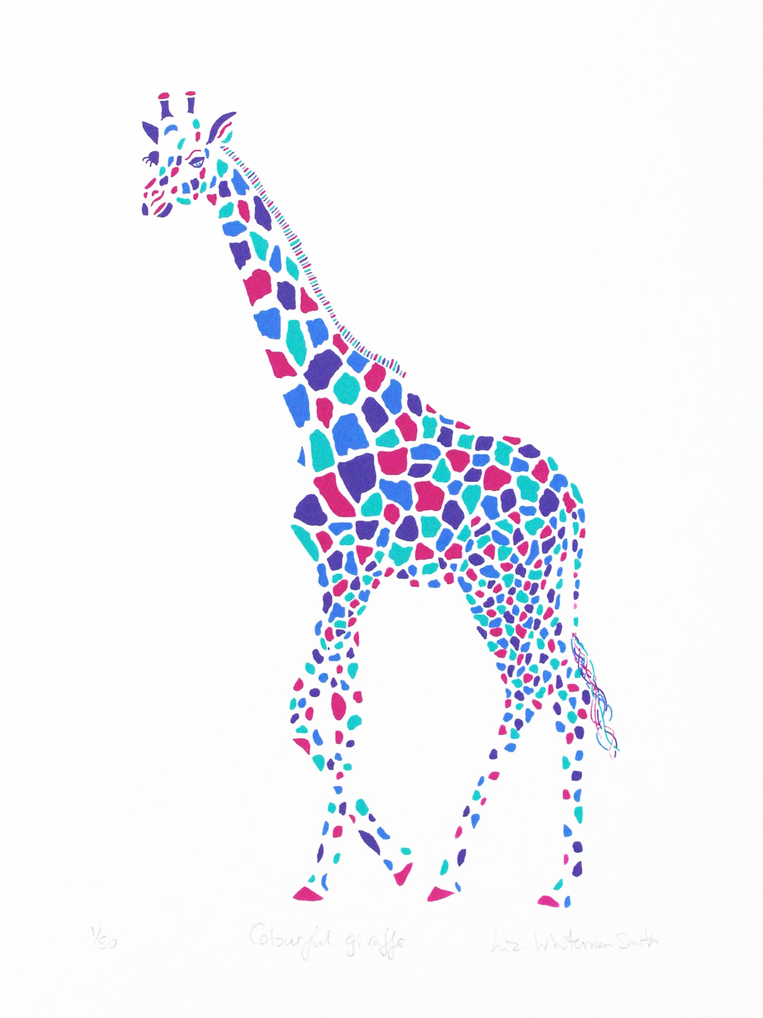 Colourful 4 colour screen print of a giraffe by Liz Whiteman Smith