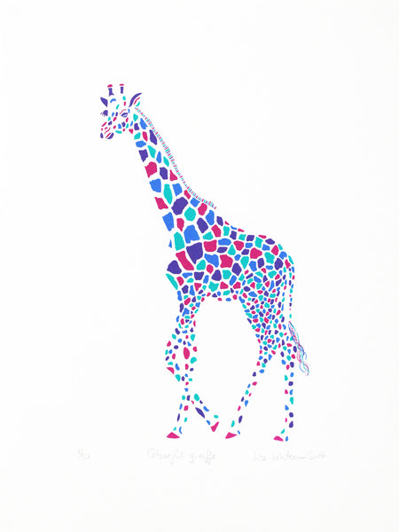 Colourful 4 colour screen print of a giraffe by Liz Whiteman Smith