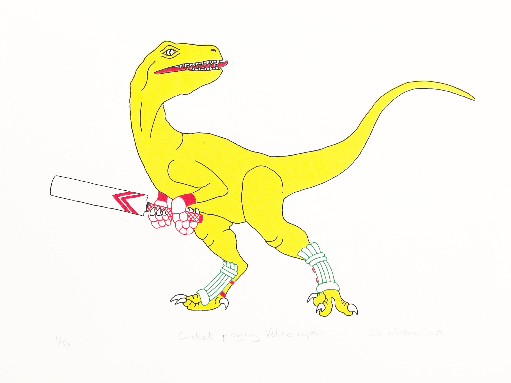 Yellow dinosaur playing cricket