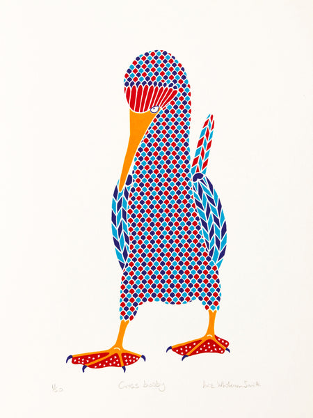 Red booby with dot pattern on feet, blue footed booby bird, 4 colour original hand pulled limited edition screen print, 30 x 40 cm