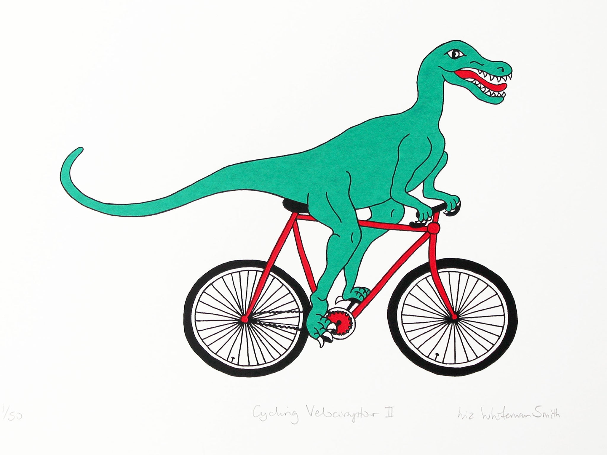 Green velociraptor cycling along happily on a red bicycle