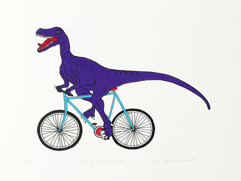 Purple velociraptor cycling along happily on a teal bicycle