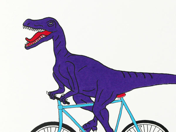 Purple velociraptor cycling along happily on a teal bicycle