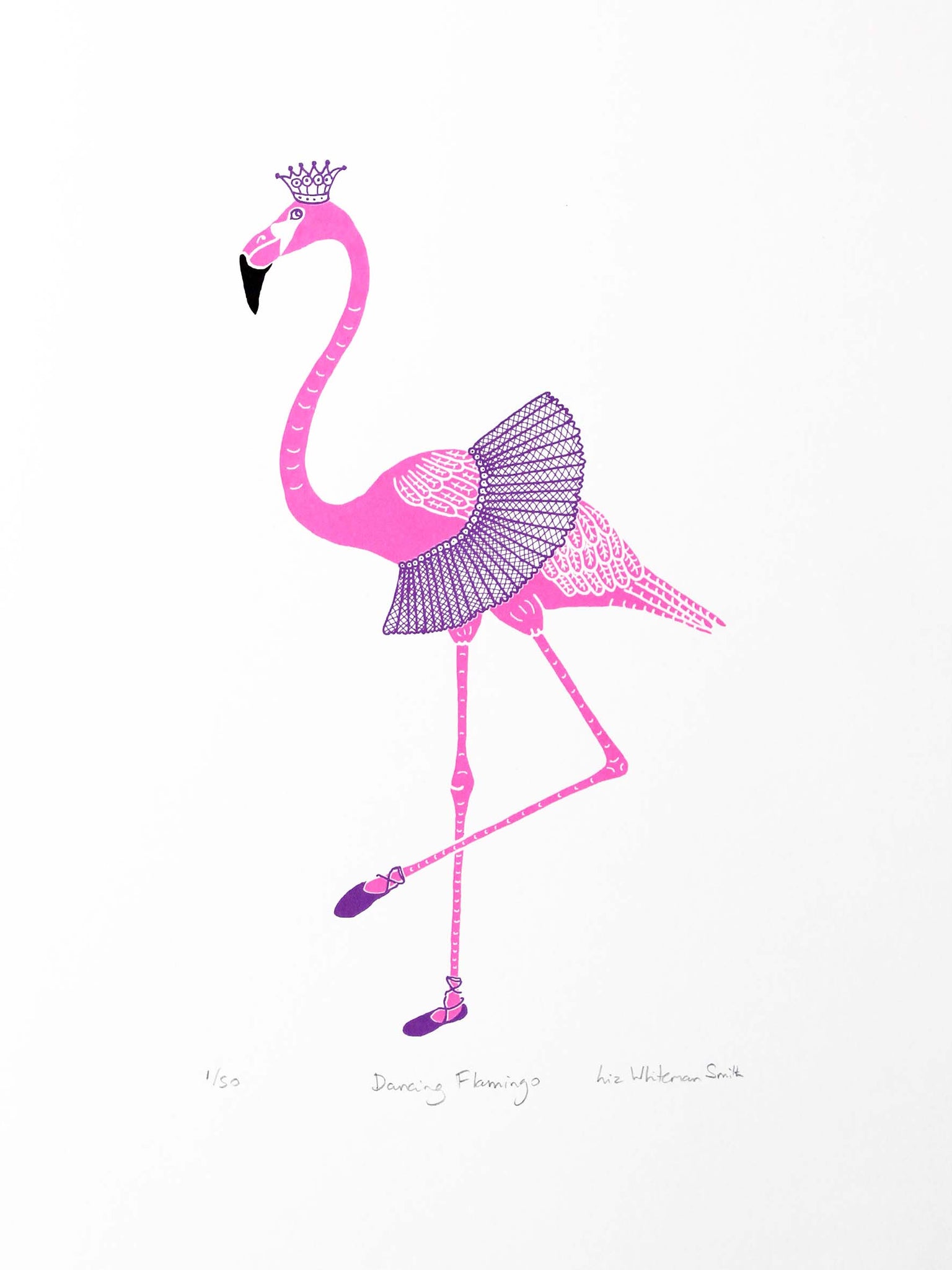 Ballet dancing flamingo screen print by Liz Whiteman Smith pink and purple creature