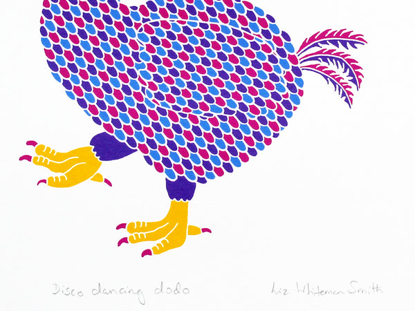 Colourful dancing dodo bird screen print by Liz Whiteman Smith