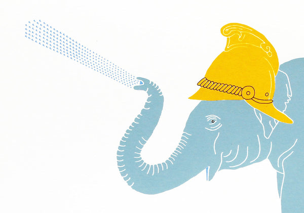 Elephant in a fireman's helmet spraying water