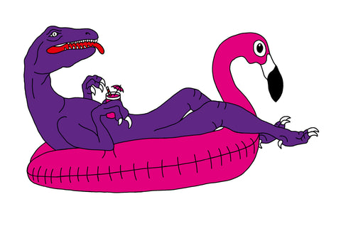 Purple velociraptor relaxing on a pink flamingo inflatable, Dinosaur greetings card