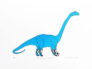 blue dinosaur playing football