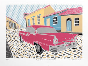 Ford Fairlane, 1950s American car in a typical Trinidad street scene in Cuba, 8 colour screen print