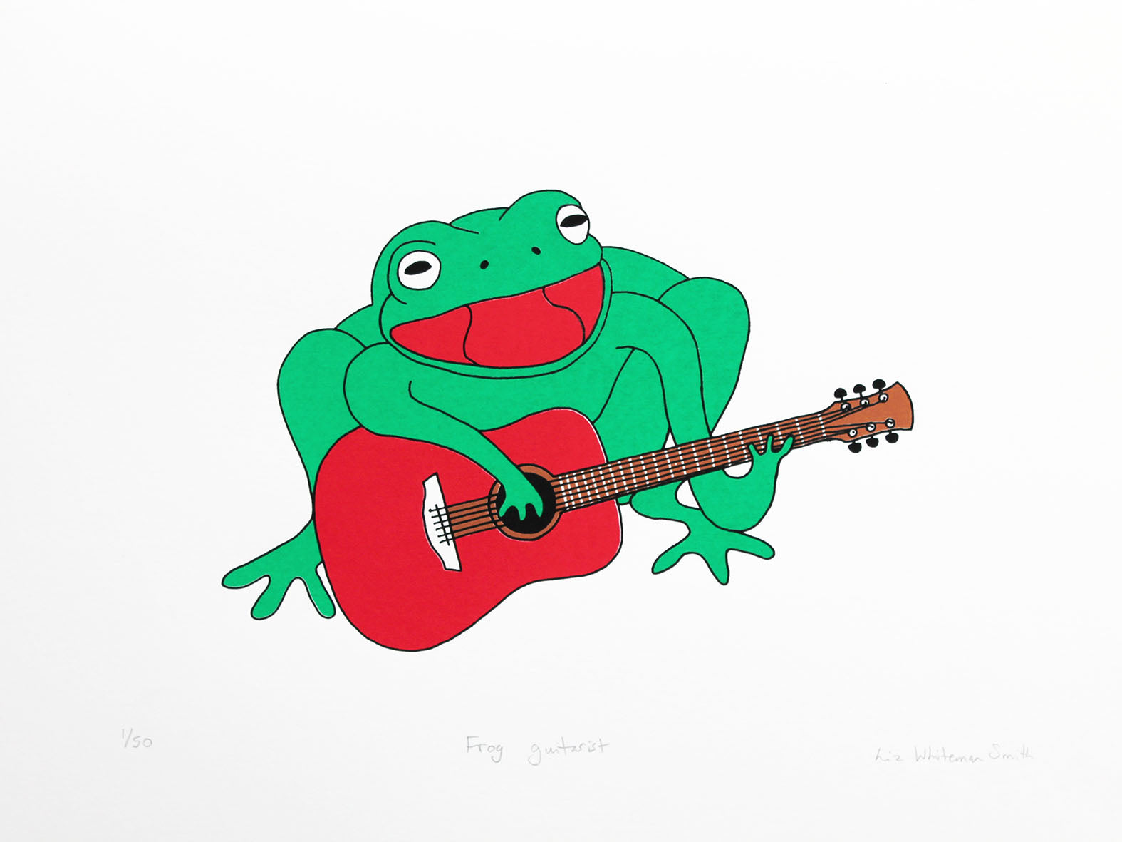 Screen print of a frog playing the guitar by Liz Whiteman Smith