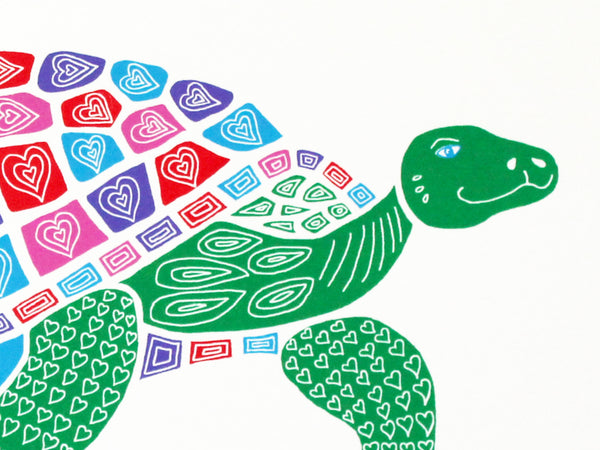 Giant heart tortoise screen print by Liz Whiteman Smith . Green tortoise with heart patterns on its shell