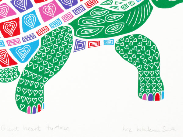 Giant heart tortoise screen print by Liz Whiteman Smith . Green tortoise with heart patterns on its shell