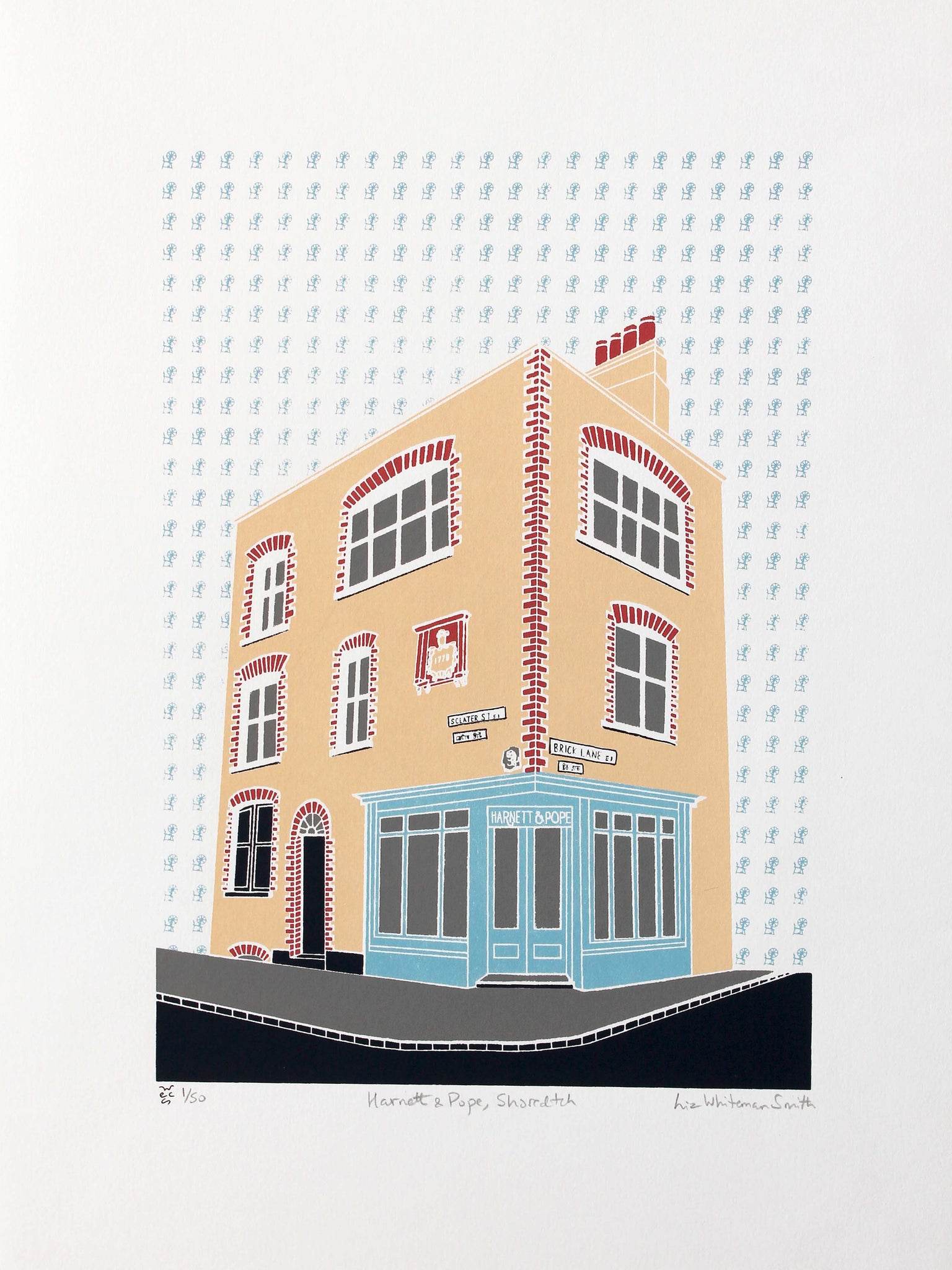 Harnett and Pope screen print by Liz Whiteman Smith, old weavers  house on Brick Lane in Shoreditch