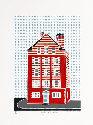 Hurley house screen print by Liz Whiteman Smith in  Arnold Circus, Shoreditch Button background