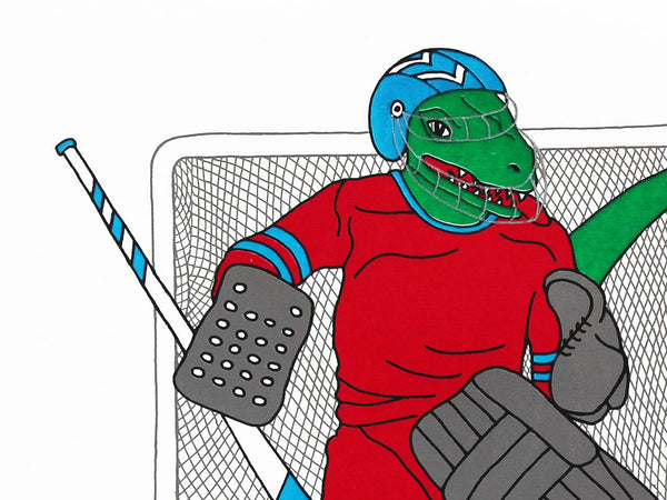 Green velociraptor wearing a red top playing ice hockey