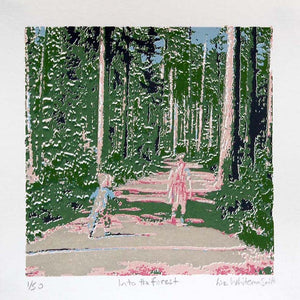 Original hand pulled 7 colour screen print, image size: 12 x 12 cm on 18 x 18 cm Heritage White 315 gsm paper, from a limited edition of 50. Two children wander into the forest in Finland.