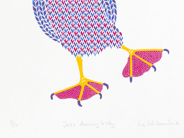 Pink dancing booby bird with pink feet with a dot pattern screen print