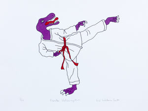 Purple dinosaur in a white martial art coat with a red belt practising  karate kicks