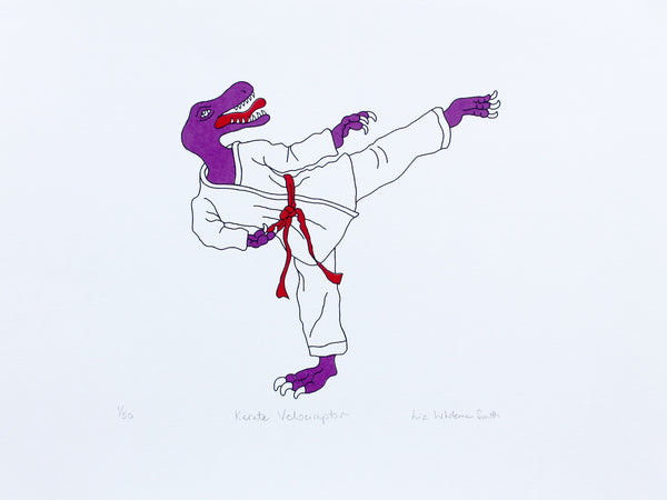 Purple dinosaur in a white martial art coat with a red belt practising  karate kicks