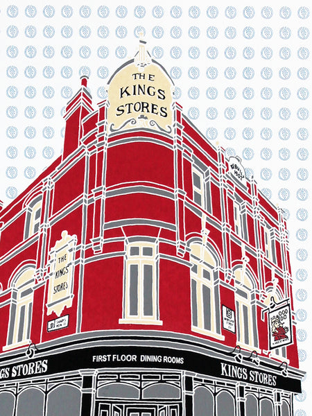 Kings Stores pub screen print by Liz Whiteman Smith