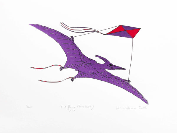 purple dinosaur flying a kite