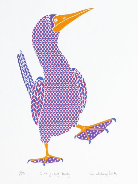 Star gazing dancing booby bird  Limited edition screen print in pink, purple and blue