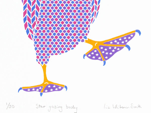 Star gazing dancing booby bird  Limited edition screen print in pink, purple and blue