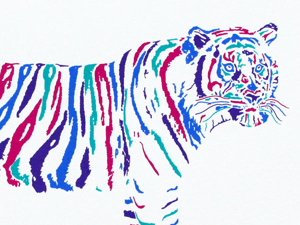 Brightly coloured  tiger screen print by Liz Whiteman Smith