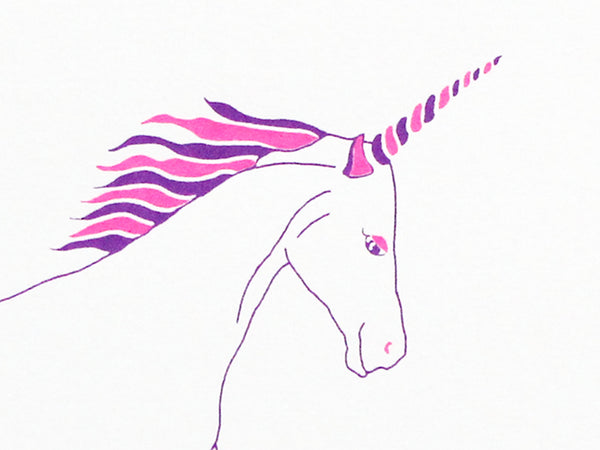 Magical unicorn screen print by Liz Whiteman Smith pink and purple creature