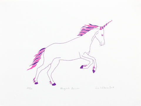 Magical unicorn screen print by Liz Whiteman Smith pink and purple creature