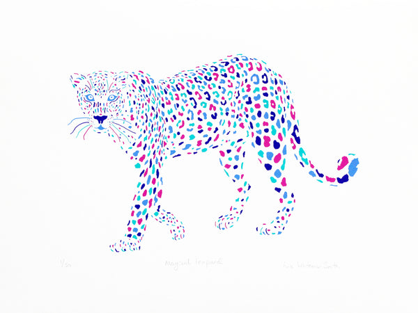 Magical colourful leopard screen print by Liz Whiteman Smith