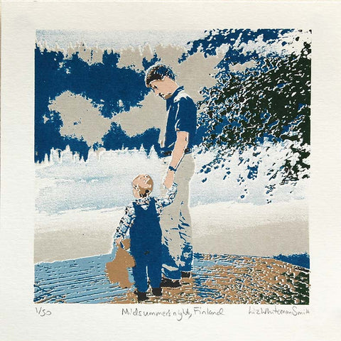 A small child holds on tightly to his favourite bear and his father's hand at midnight by a lake in Finland on midsummer's night. 7 colour screen print