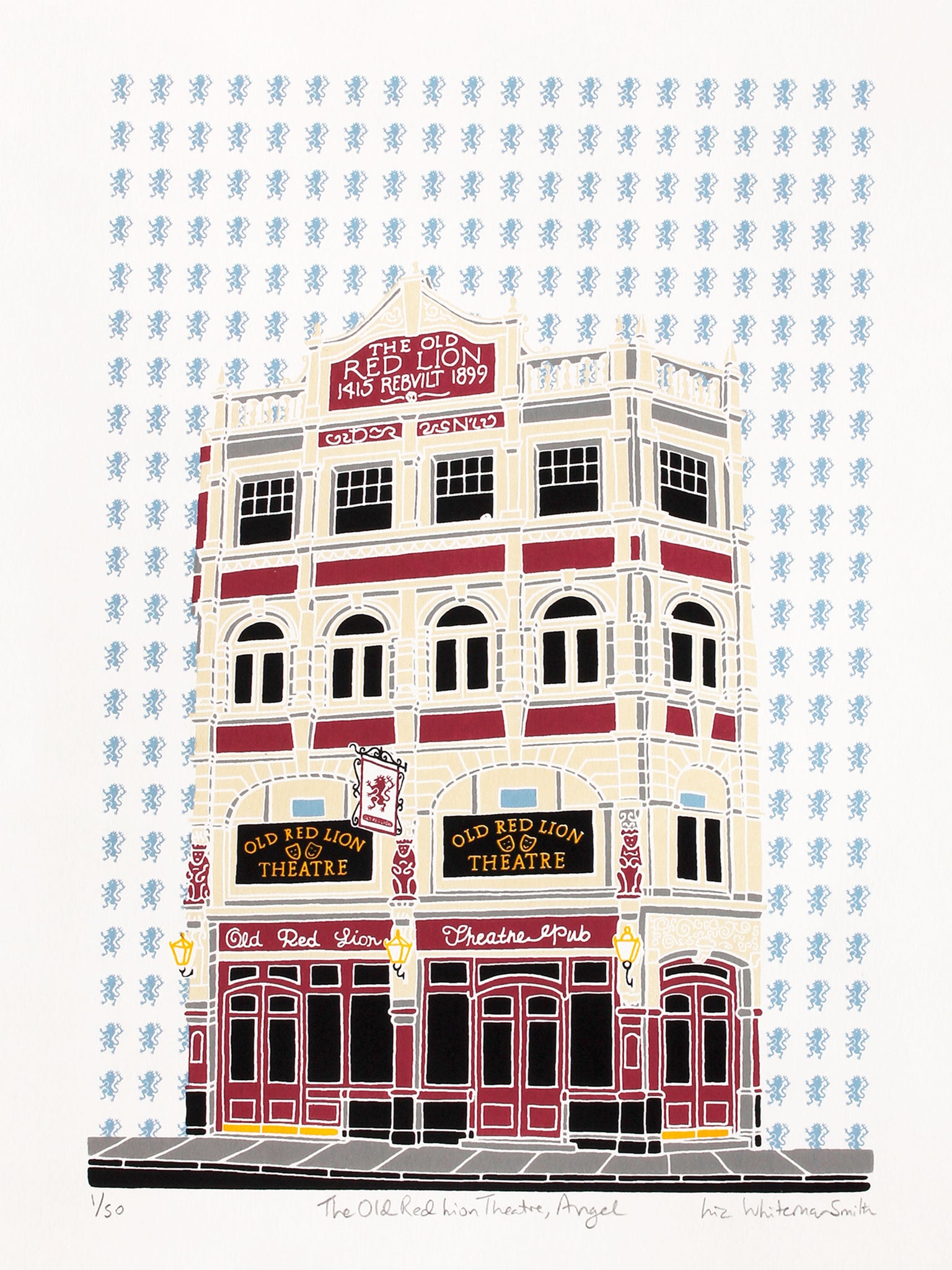 Old Red Lion Theatre pub screen print by Liz Whiteman Smith