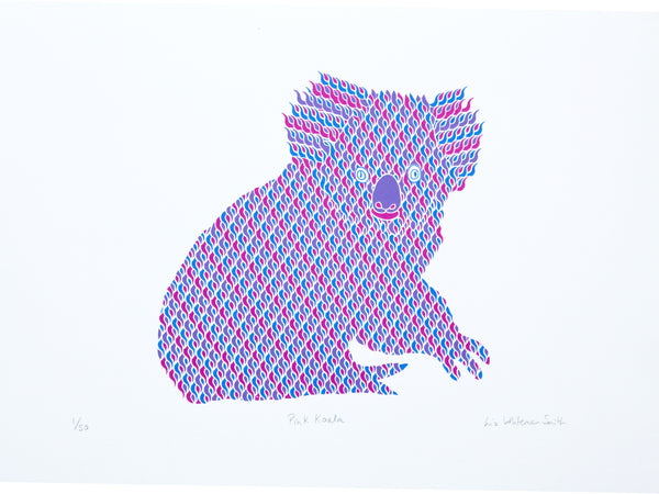 Pink screen print of a koala bear by Liz Whiteman Smith
