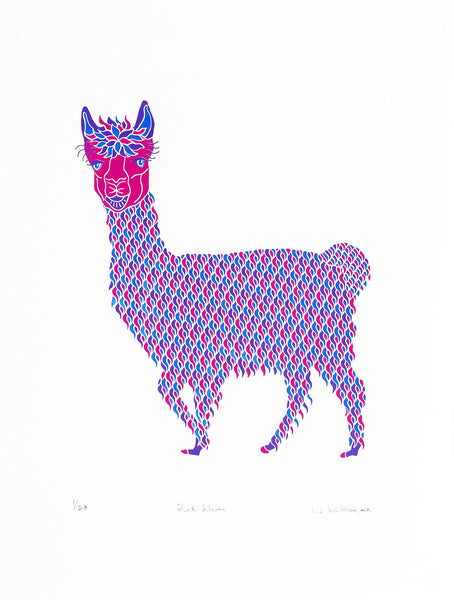 Pink screen print of a llama by Liz Whiteman Smith