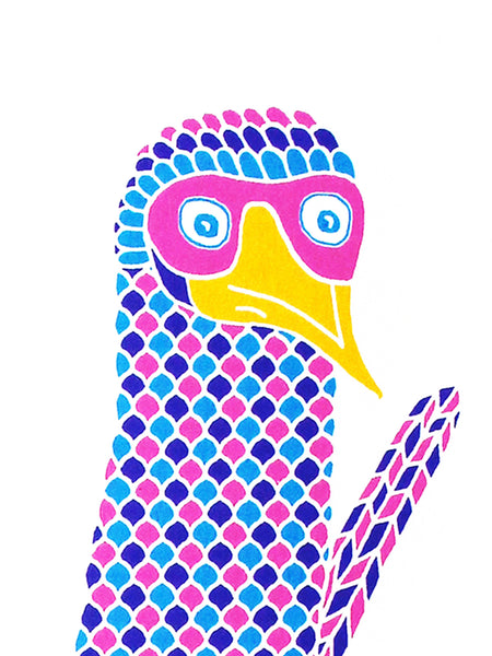 Pink booby with dot pattern on feet, blue footed booby bird, 4 colour original hand pulled limited edition screen print, 30 x 40 cm
