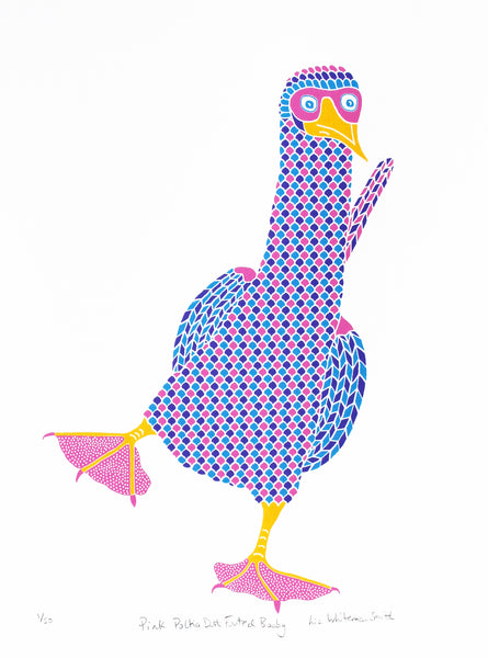 Pink booby with dot pattern on feet, blue footed booby bird, 4 colour original hand pulled limited edition screen print, 30 x 40 cm