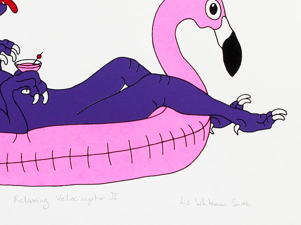 Purple dinosaur relaxing on a pink flamingo inflatable screen print by Liz Whiteman Smith