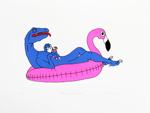 Blue velociraptor lying on pink flamingo inflatable drinking a cocktail screen print