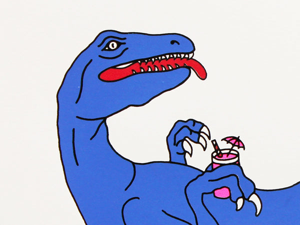 Blue velociraptor lying on pink flamingo inflatable drinking a cocktail