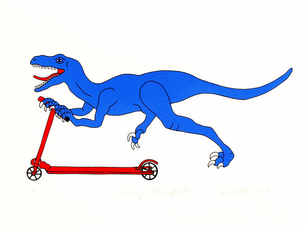 Blue velociraptor on a red scooter - screen print by Liz Whiteman Smith