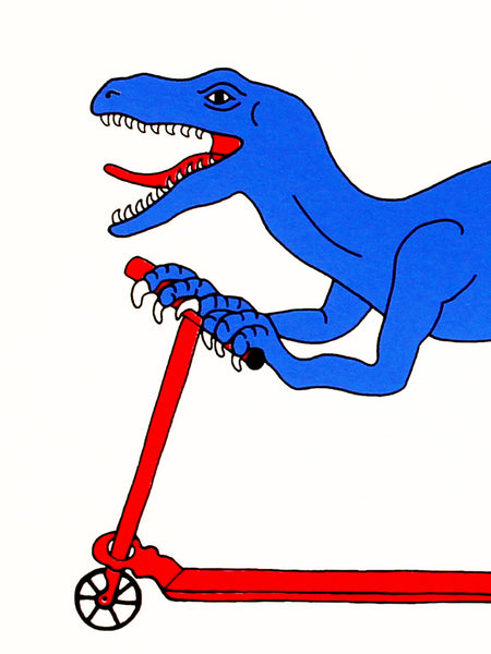 Blue velociraptor on a red scooter - screen print by Liz Whiteman Smith