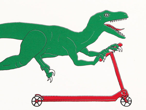 Green dinosaur on a scooter