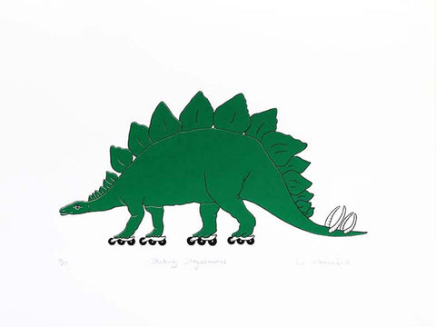 Green dinosaur on 4 inline roller blades.