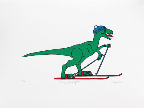 Green velociraptor on red skis with a blue bobble hat