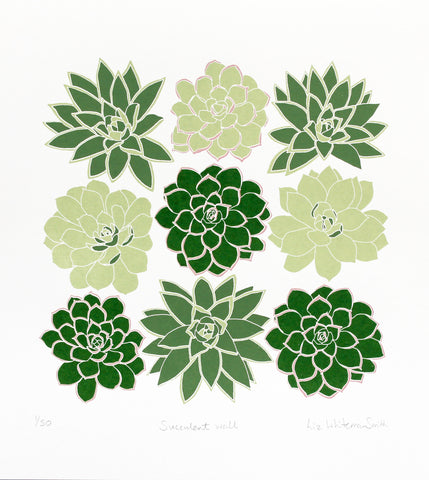 hand pulled limited edition of 50, screen print of a group of nine succulents, shades of green, cacti