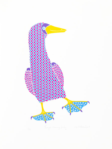 Dancing bird screen print by Liz Whiteman Smith, Tango is the Argentinian dance of lovers , blue, pink and purple patterned bird with hearts on blue feet