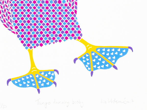 Dancing bird screen print by Liz Whiteman Smith, Tango is the Argentinian dance of lovers , blue, pink and purple patterned bird with hearts on blue feet