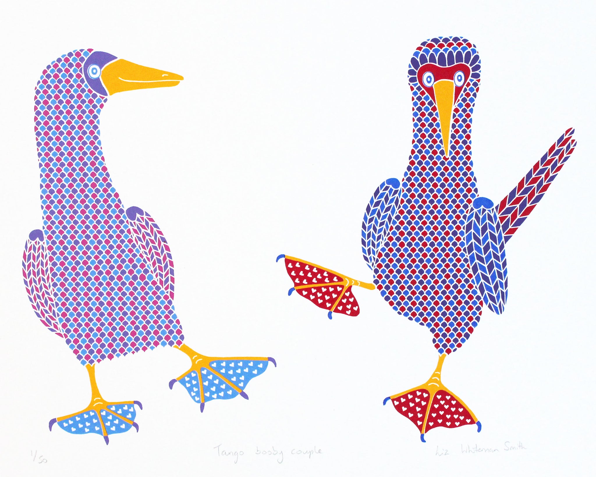 Tango booby couple screen print by Liz Whiteman Smith, dancing booby birds