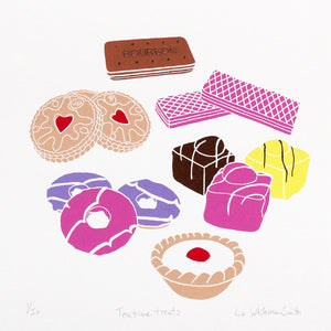 Tea time treats biscuit and cake screen print by Liz Whiteman Smith bourbons, fondant fancies, jammie dodgers, pink wafers, cherry bakewell, party rings